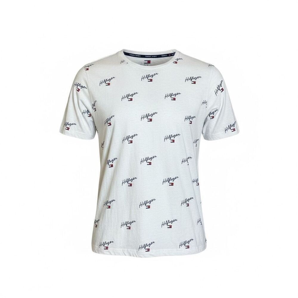 Tommy Hilfiger Sport Allover Logo Print Short Sleeve T-Shirt White Navy Size 1X
